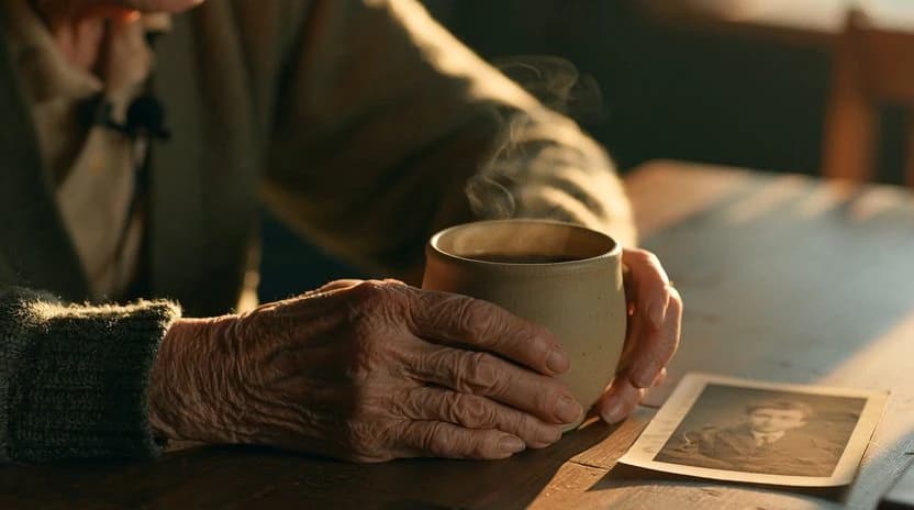 En ældre kvindes hænder om en kop kaffe ved siden af et gammelt fotografi